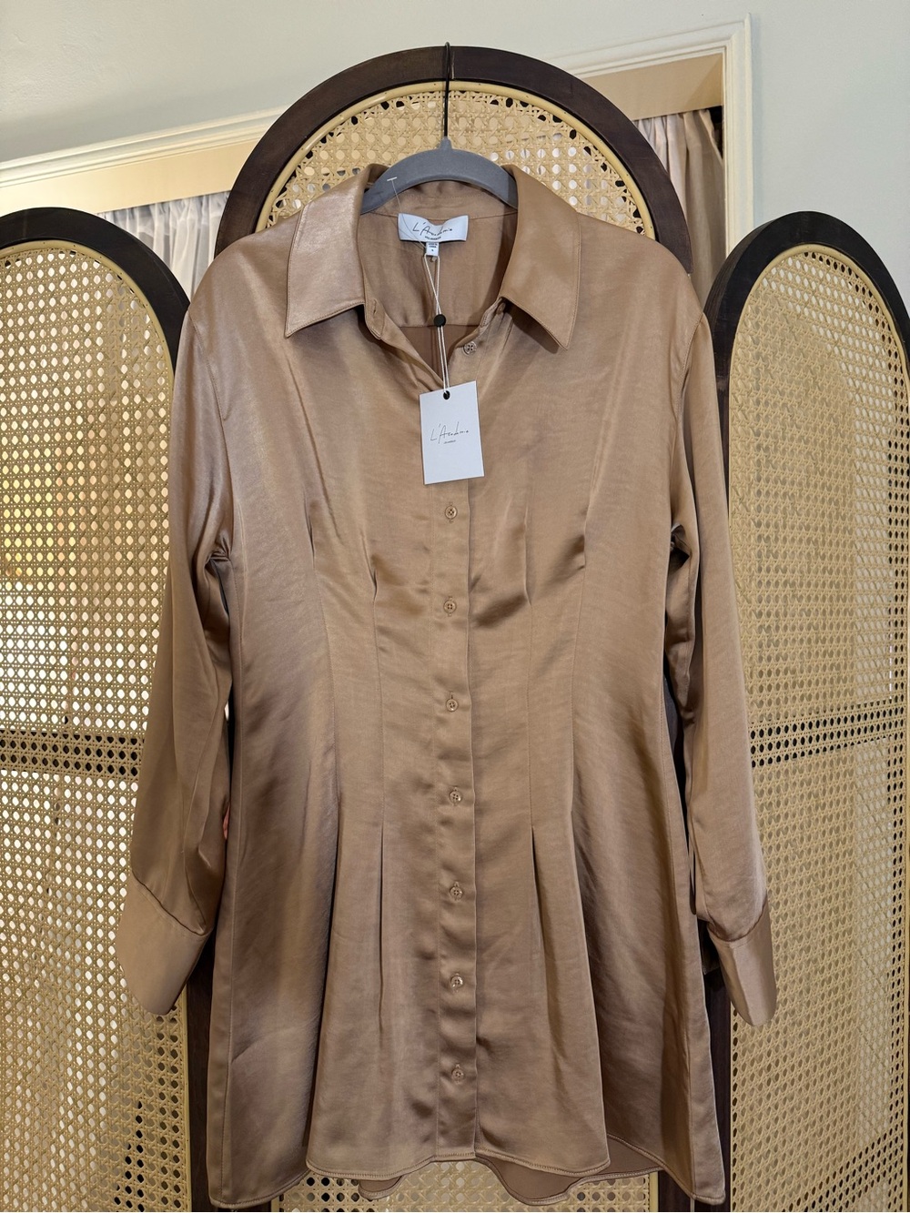 L'Academie Satin Button-Up Shirt dress in Camel